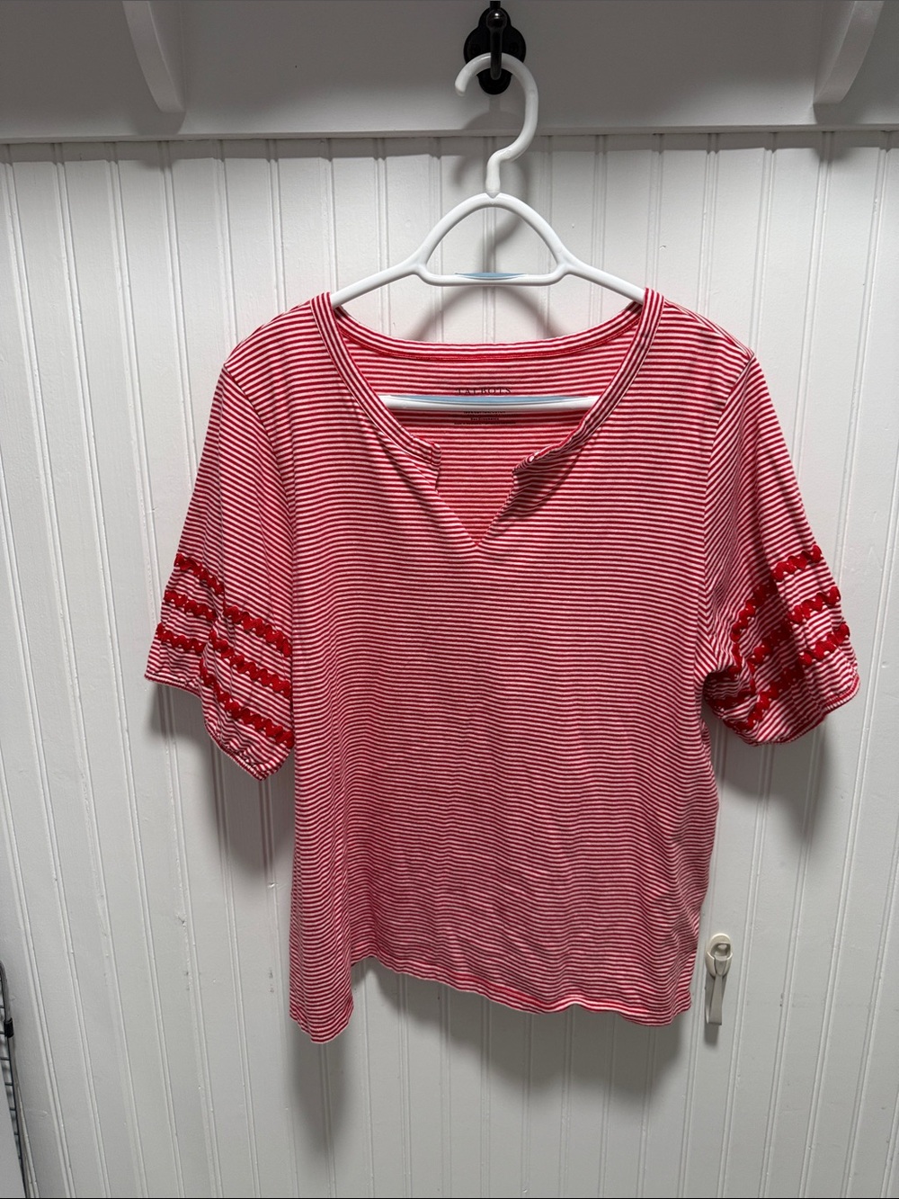 Talbots Red and White Striped 3/4 length sleeveTop with Sleeve Trim